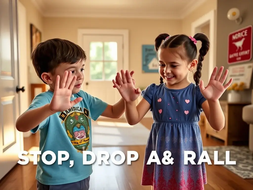 A diverse group of children demonstrating fire safety practices, such as stop, drop, and roll, and identifying fire hazards in a virtual home environment. The image conveys a sense of empowerment and proactive safety measures.