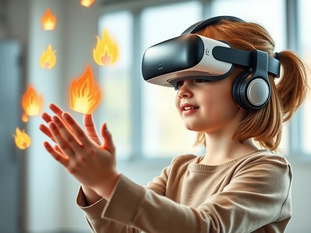 A child wearing an XR headset, fully immersed in a virtual fire safety scenario, interacting with virtual objects to learn about fire hazards and safety procedures. The background shows a realistic but safe virtual environment.