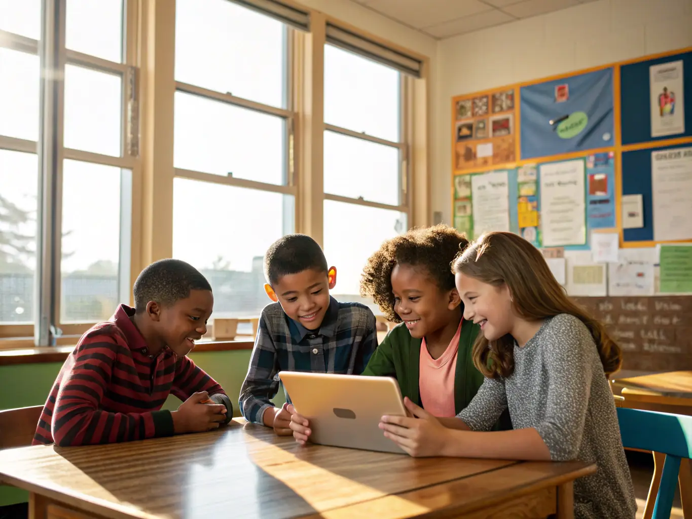 A group of children participating in a fire safety lesson, using tablets to access educational content and interactive quizzes. The scene is bright and engaging, with a focus on collaborative learning.